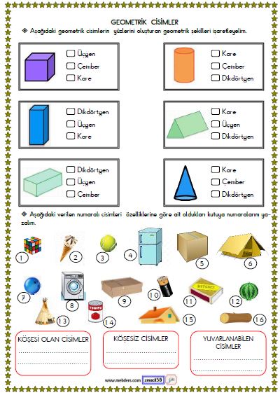 1. Sınıf Matematik Geometrik Cisimler Etkinliği 3