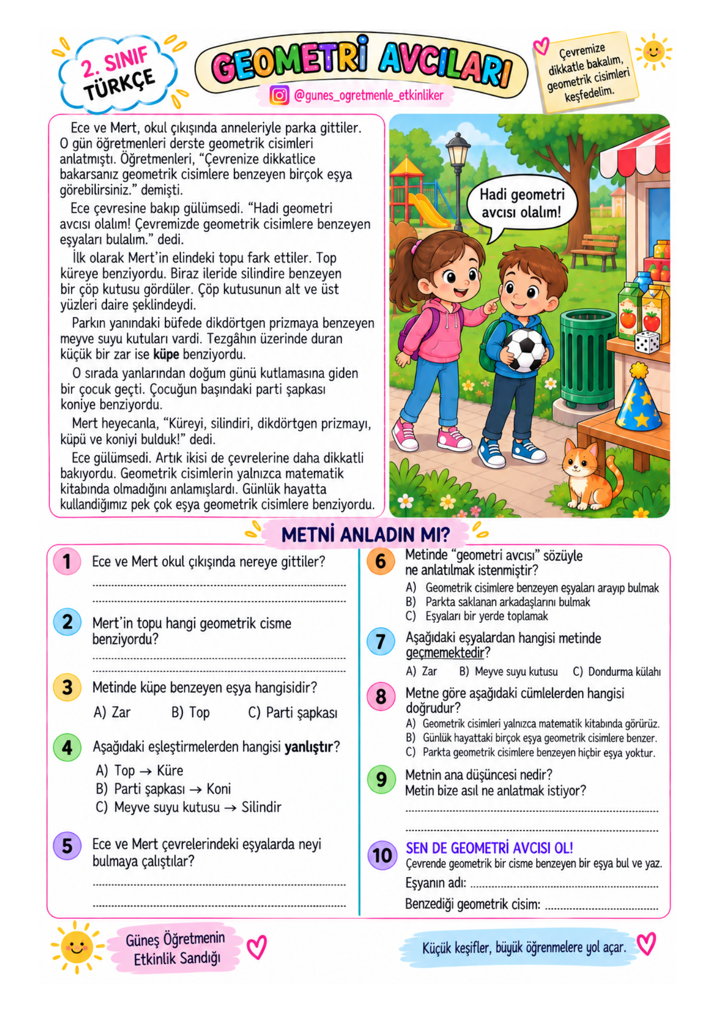 2. Sınıf Türkçe Geometrik Cisimler Okuma Anlama Metinleri