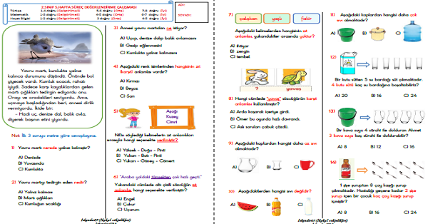 2. Sınıf Haftalık Kazanım Değerlendirme Testi 5. Hafta (12 - 16 Ekim)