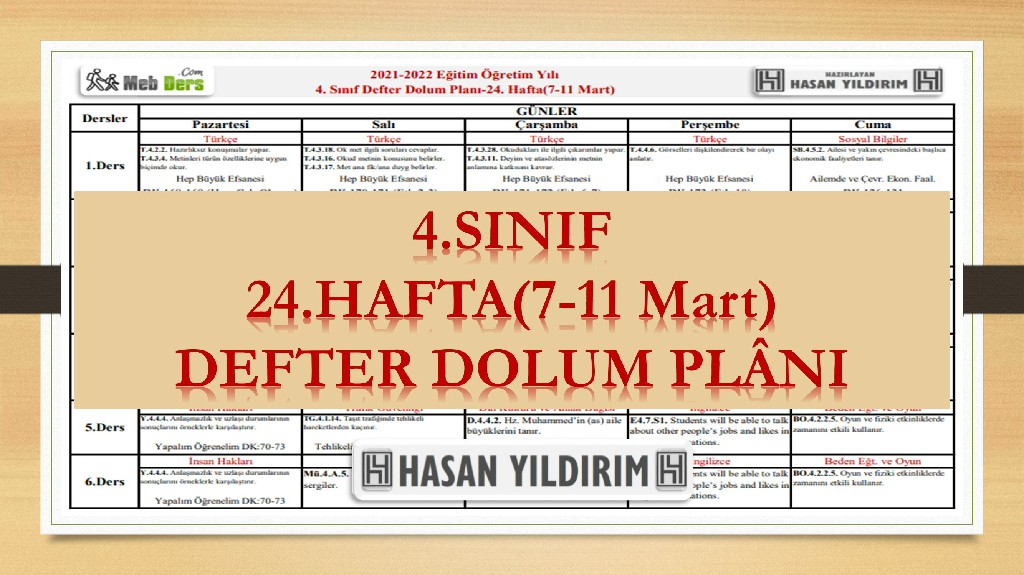 4.Sınıf 24.Hafta(7-11 Mart) Defter Dolum Planı