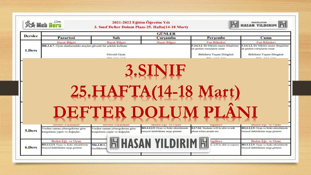 3.Sınıf 25.Hafta(14-18 Mart) Defter Dolum Planı