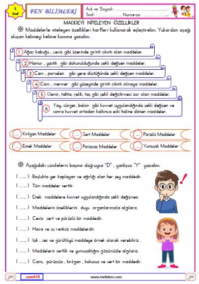 3. Sınıf Fen Bilimleri Maddeyi Niteleyen Özellikler Etkinliği 4