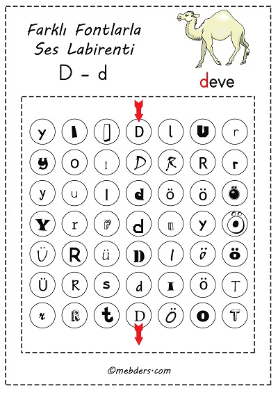 Farklı fontlarla ses labirenti - d sesi