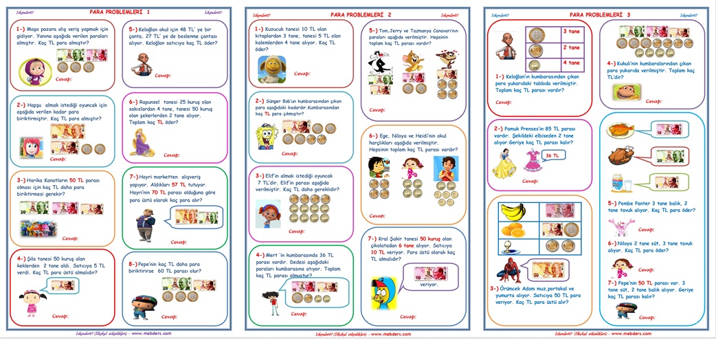 2.Sınıf Matematik Para Problemleri 1-2-3      (3 Sayfa)