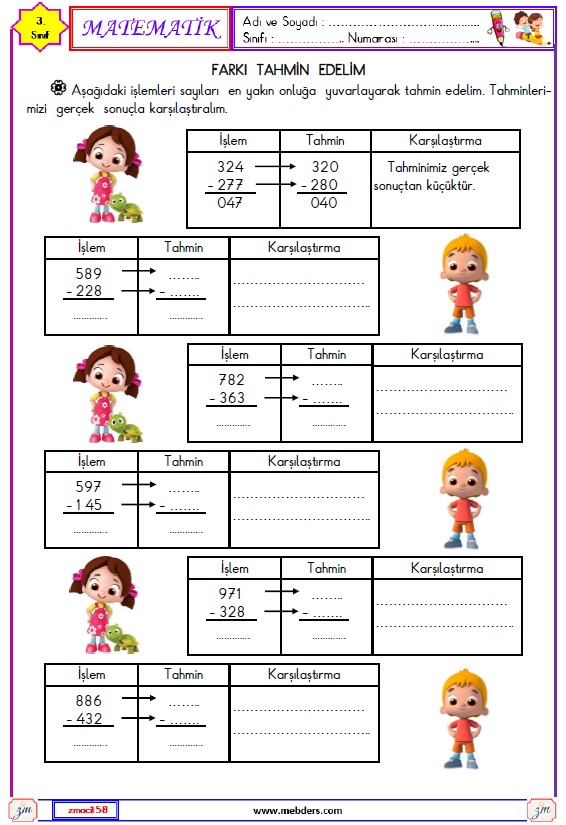 3. Sınıf Matematik  Farkı Tahmin Edelim Etkinliği  2