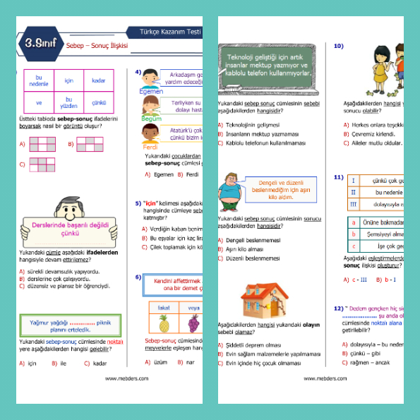3. Sınıf Türkçe Sebep Sonuç İlişkisi Kazanım Testi