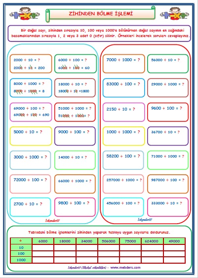 4.Sınıf Matematik Zihinden Bölme İşlemi