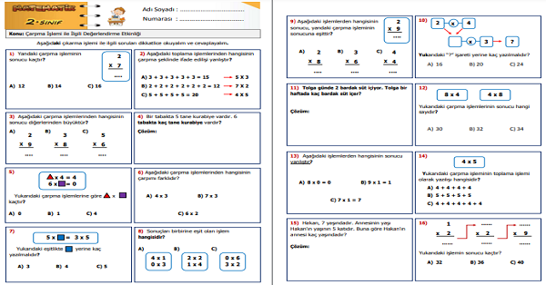 2.Sınıf Matematik Çarpma İşlemi ile İlgili Değerlendirme Etkinliği
