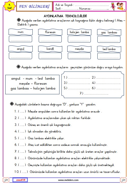 4. Sınıf Fen Bilimleri Aydınlatma Teknolojileri Etkinliği 1