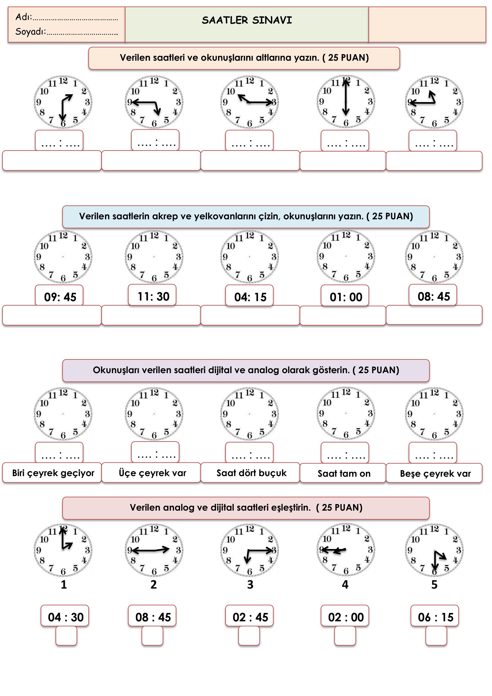 2.Sınıf - Matematik - Saatler Sınavı