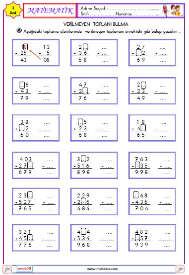 3. Sınıf Matematik Verilmeyen Toplananı Bulma Etkinliği 2