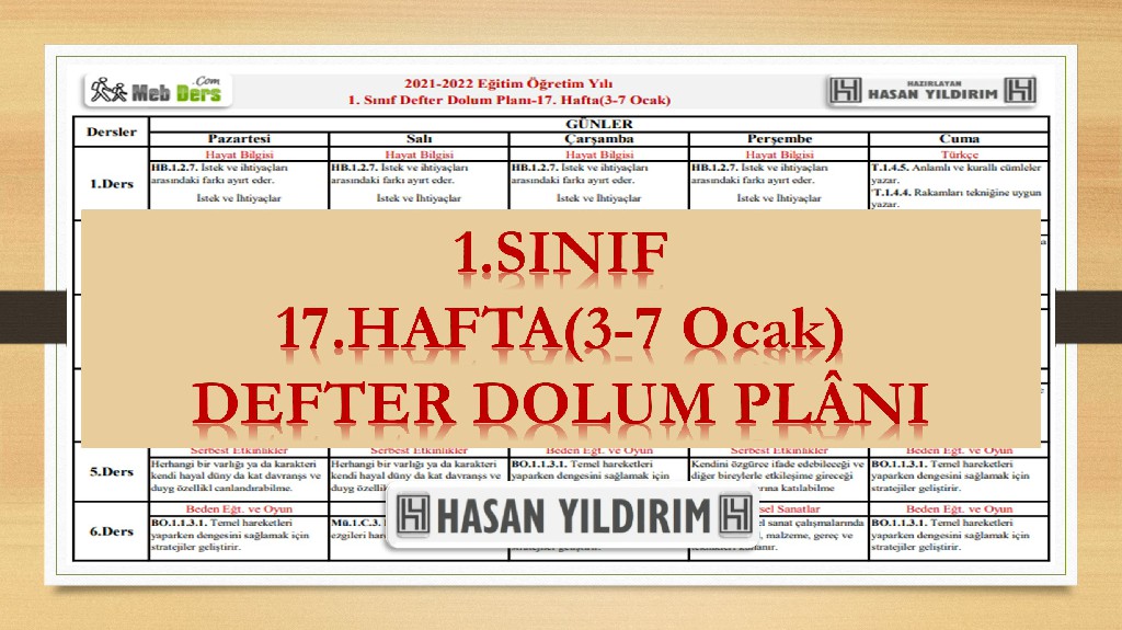 1.Sınıf 17.Hafta(3-7 Ocak) Defter Dolum Planı