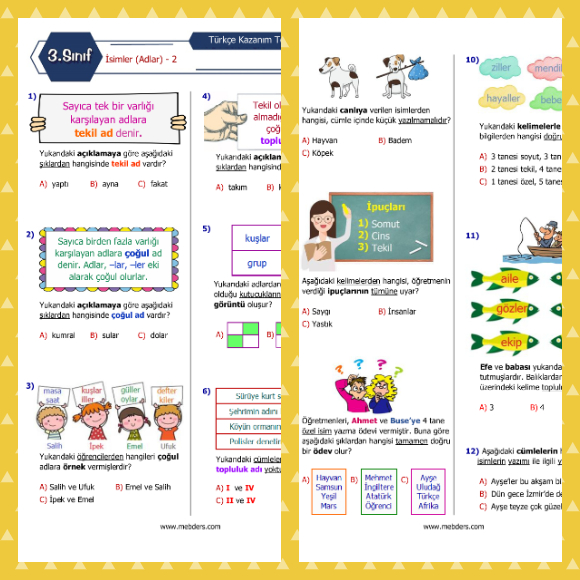 3. Sınıf Türkçe İsimler (Adlar) - 2 Kazanım Testi