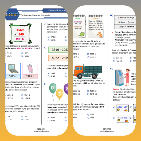 4. Sınıf Matematik Toplama - Çıkarma Problemleri Kazanım Testi