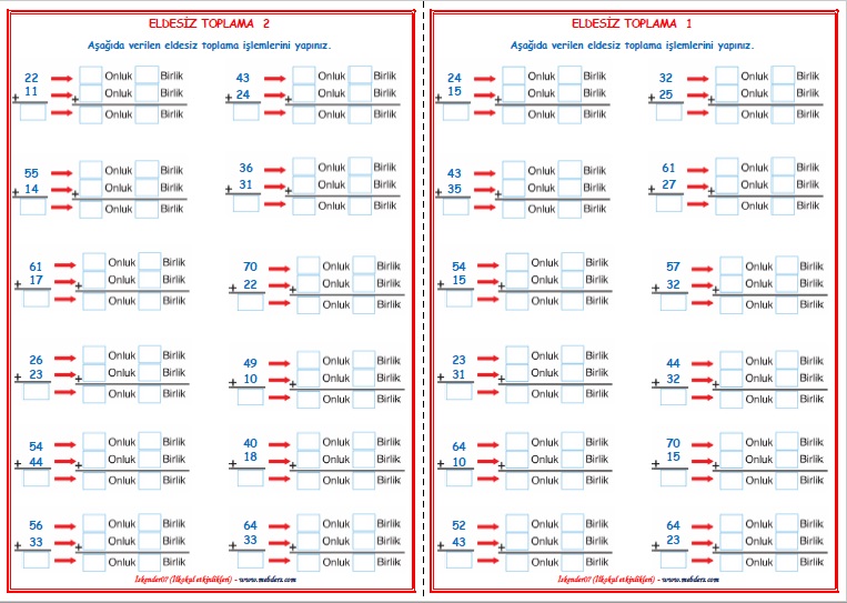 2.Sınıf Matematik Eldesiz Toplama İşlemi  (2 sayfa)