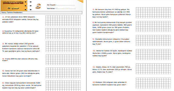4.Sınıf Matematik Tartma Problemleri Etkinliği 1