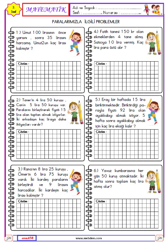 3. Sınıf Matematik Paralarımız ile İlgili Problemler Etkinliği 2