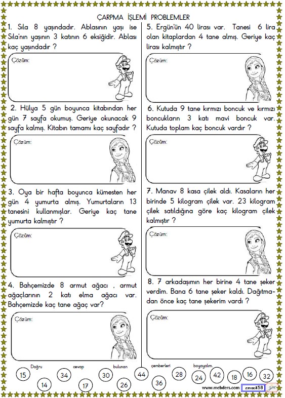 2. Sınıf Matematik Çarpma İşlemi Problemler Etkinliği 8