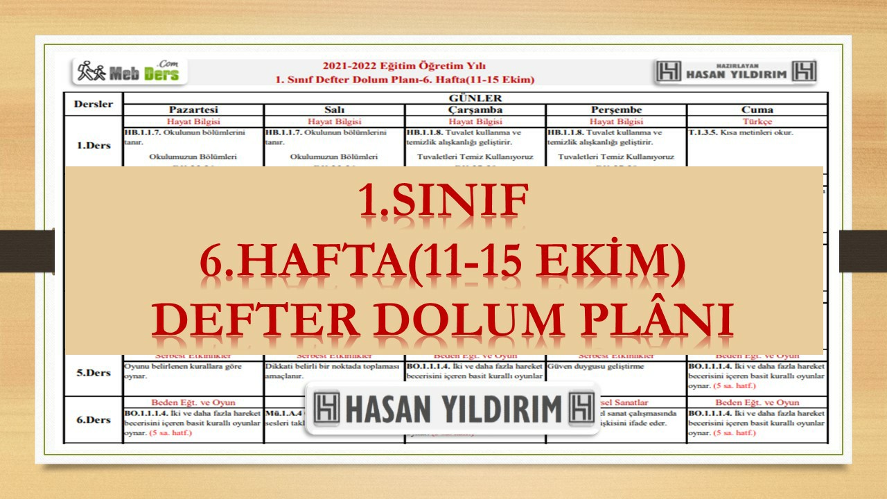 1.Sınıf 6.Hafta(11-15 Ekim) Defter Dolum Planı