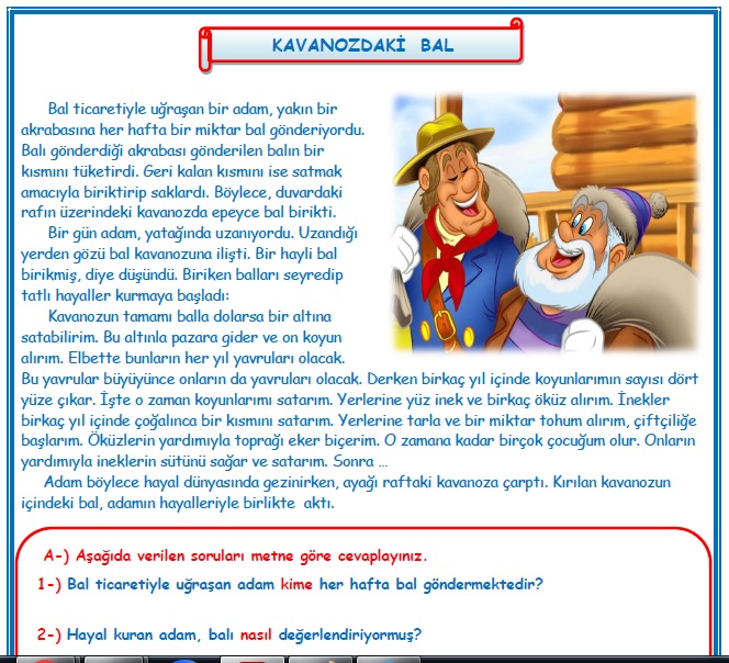 2.Sınıf Türkçe Kavanozdaki Bal Okuma Anlama Metin Çalışması