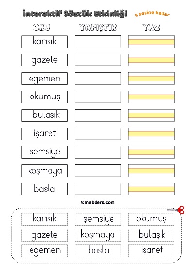 İnteraktif Sözcük Etkinliği - Ş Sesine Kadar