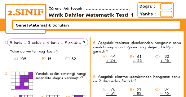 2.Sınıf Minik Dahiler Genel Matematik Testi