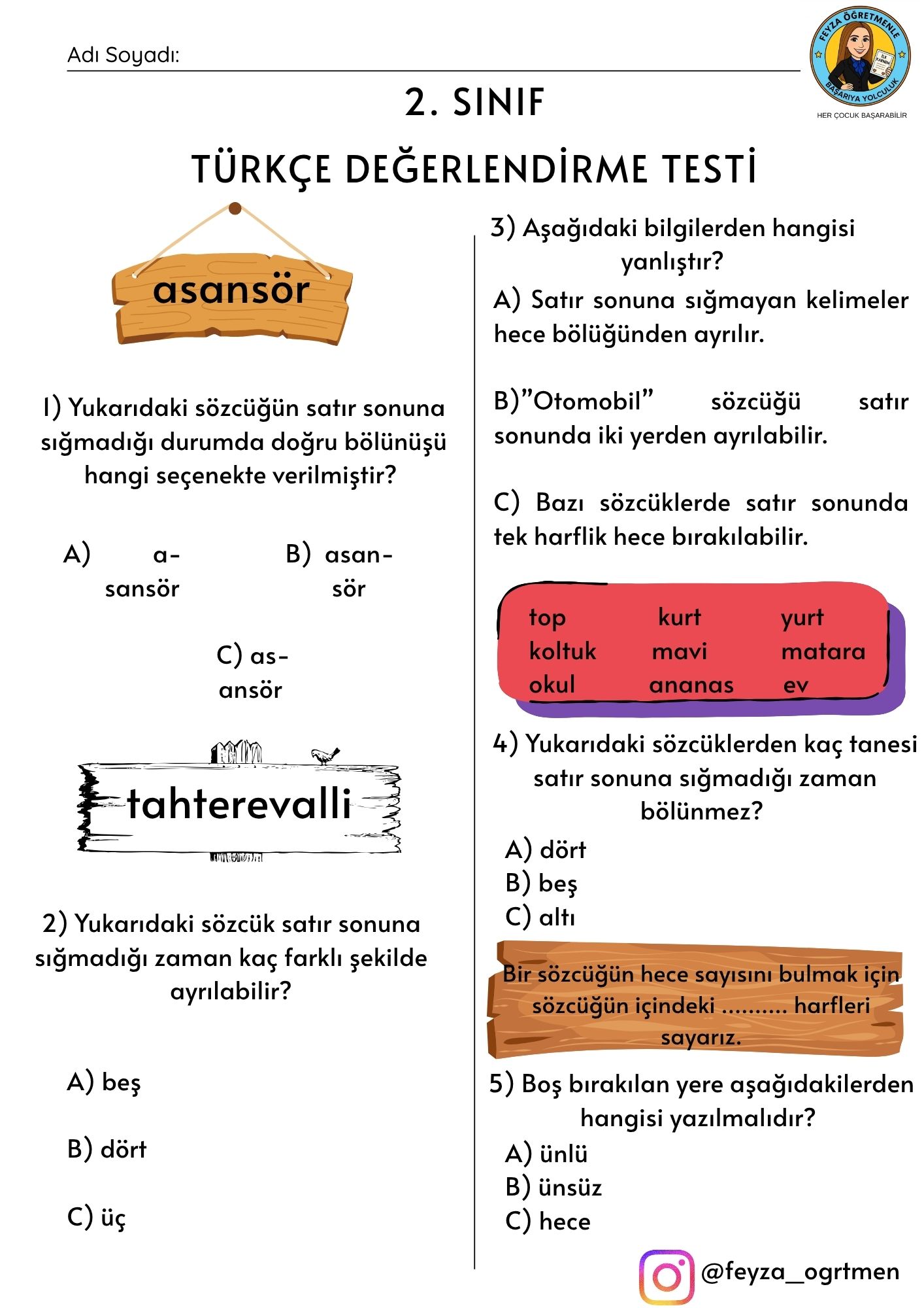 2. Sınıf 3. Hafta Değerlendirme Testi