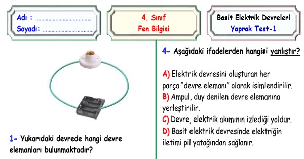 4.Fen Bilimleri Basit Elektrik Devreleri Yaprak Test 1