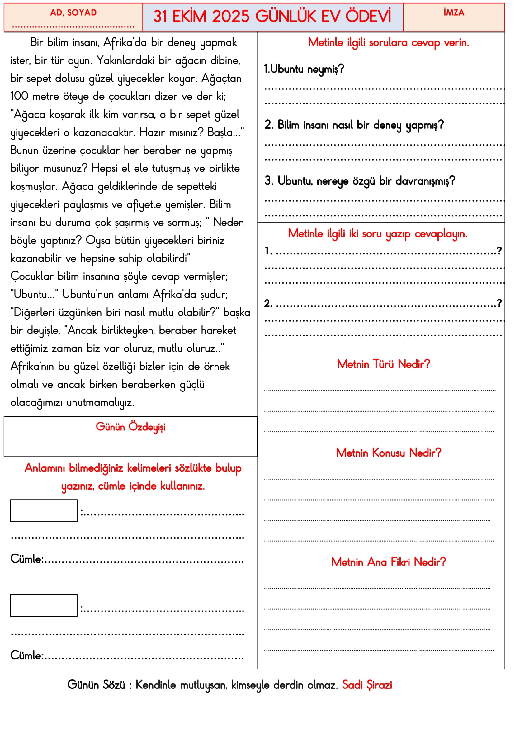 3.Sınıf - 31 Ekim 2025 Günlük Ev Ödevleri