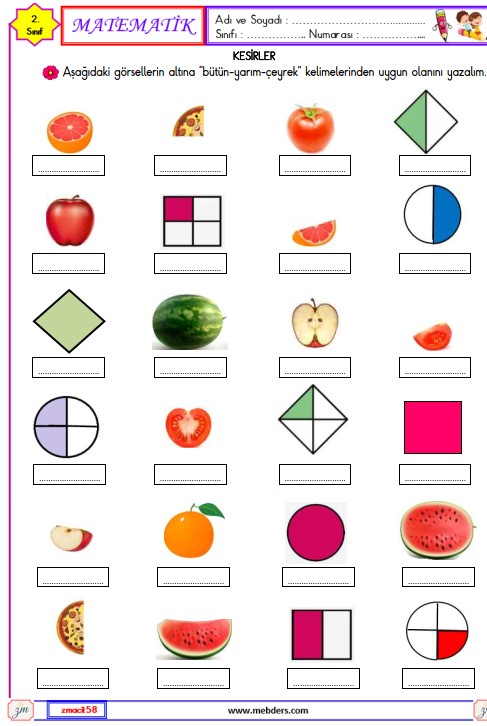 2. Sınıf Matematik Bütün , Yarım ve Çeyrek Etkinliği 1