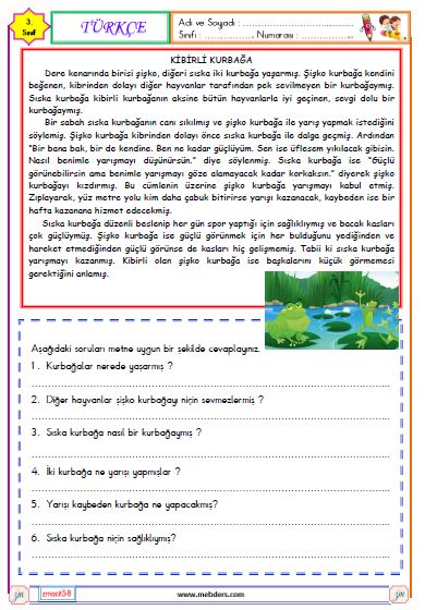 3. Sınıf Türkçe Okuma ve Anlama Metni Etkinliği (Kibirli Kurbağa)