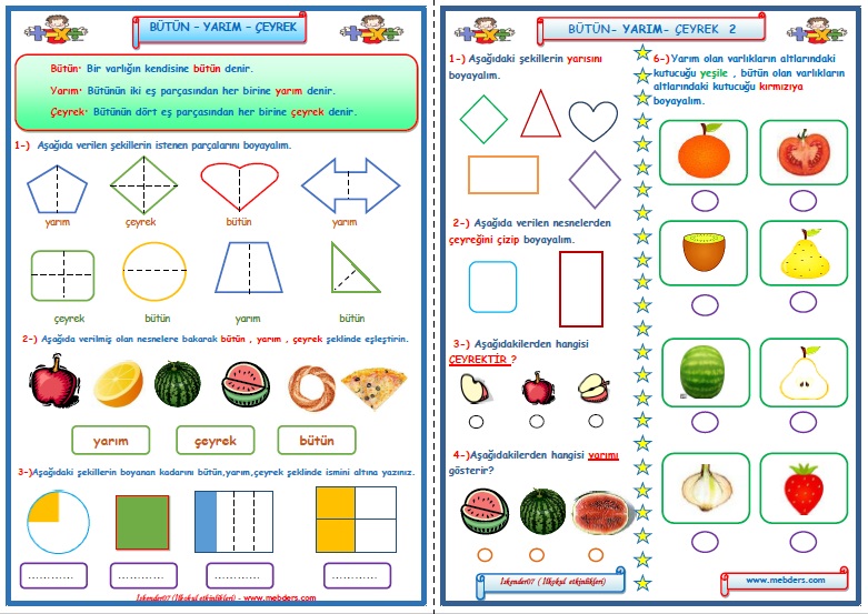 2.Sınıf Matematik Kesirler Bütün-Yarım-Çeyrek Çalışması  1-2  (2 Sayfa)