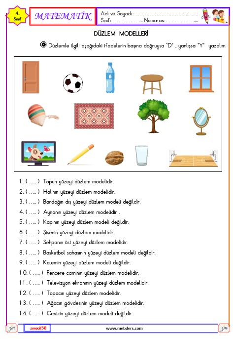 4. Sınıf Matematik Düzlem Modelleri Etkinliği