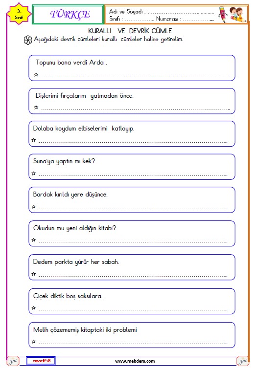 3. Sınıf Türkçe Kurallı Cümle Etkinliği 2