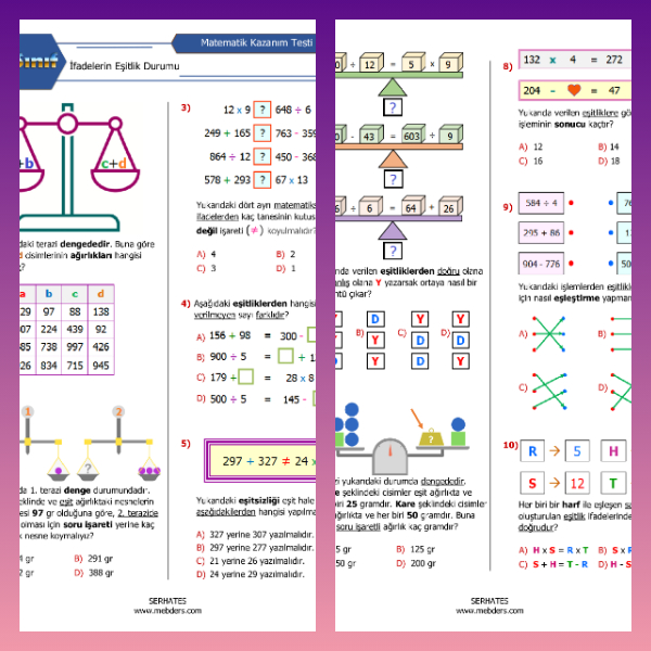 4. Sınıf Matematik İfadelerin Eşitlik Durumu Kazanım Testi