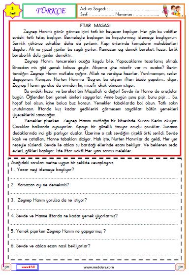 3. Sınıf Türkçe Okuma ve Anlama Metni  Etkinliği  (İftar Masası)