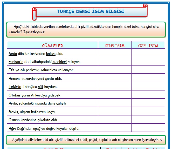 2.Sınıf Türkçe Dersi İsim Bilgisi Çalışması