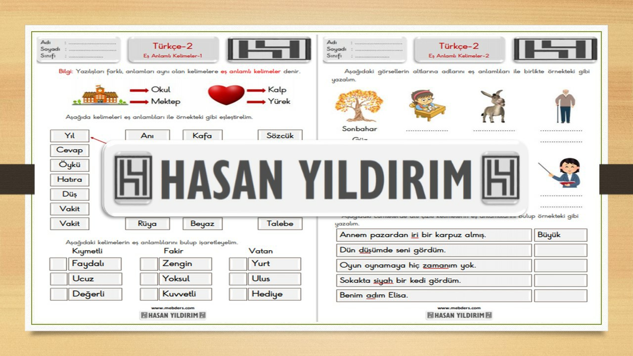 2.Sınıf Türkçe Eş Anlamlı Kelimeler Çalışma Sayfaları