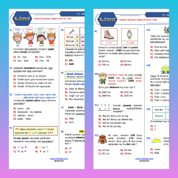 4. Sınıf Haftalık Değerlendirme Testi - 13. Hafta