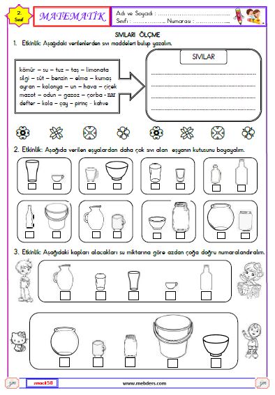 2. Sınıf Matematik Sıvıları Ölçme Etkinliği 1