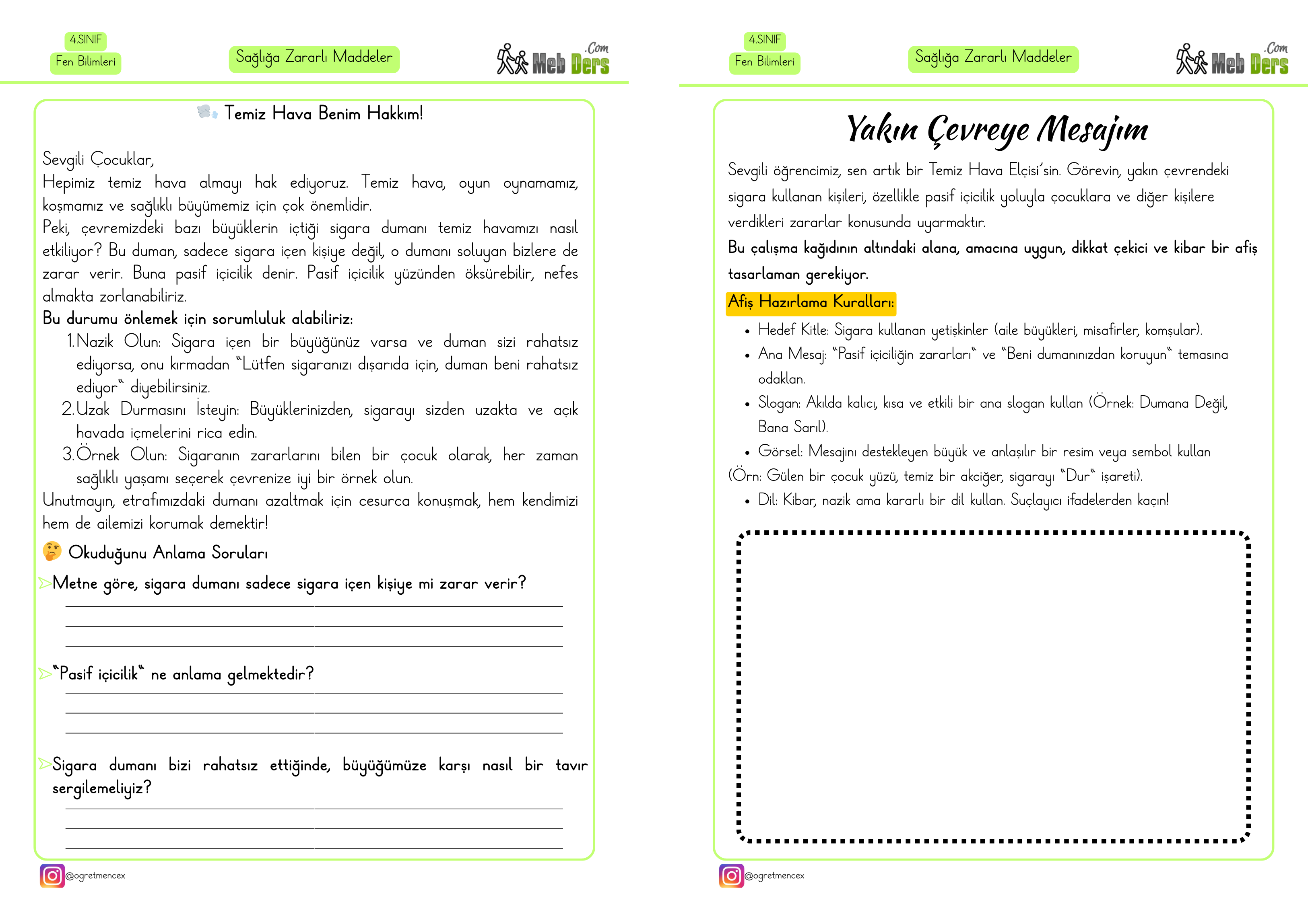4. Sınıf Fen Bilimleri Sağlığa Zararlı Maddeler Çalışma Kağıdı (2 Sayfa)