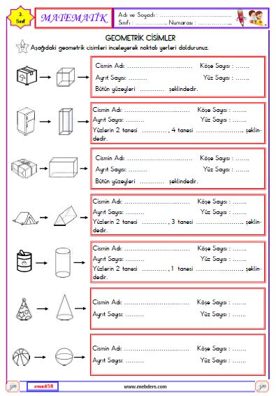 3. Sınıf Matematik Geometrik Cisimler Etkinliği 1