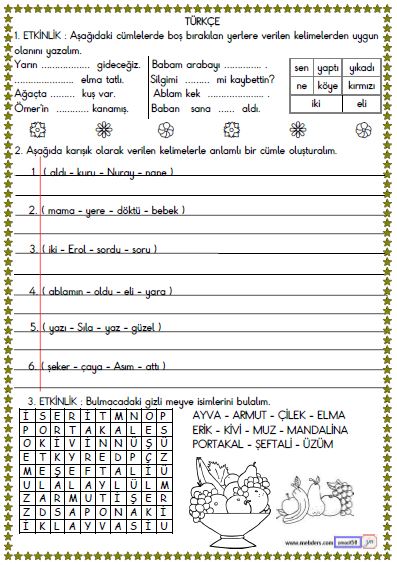 1. Sınıf Türkçe Boşluk Doldurma ve Cümle Oluşturma Etkinliği 6