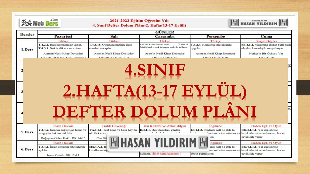 4.Sınıf 2.Hafta(13-17 Eylül) Defter Dolum Planı