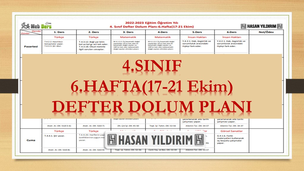 2022-2023 Eğitim Öğretim Yılı 4. Sınıf 6. Hafta (17-21 Ekim) Defter Dolum Planı