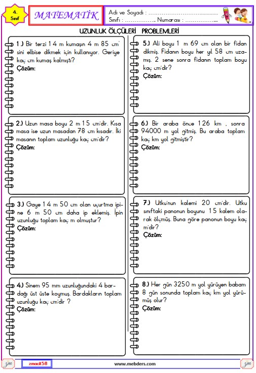 4. Sınıf Matematik Uzunluk Ölçme Problemleri Etkinliği 4