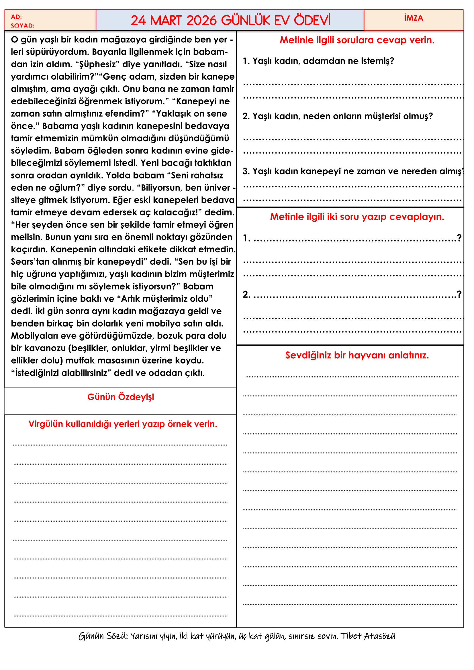 4.Sınıf - 24 Mart 2026 Günlük Ev Ödevleri