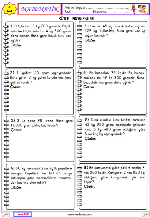 4. Sınıf Matematik Tartma ile İlgili Problemler Etkinliği 8