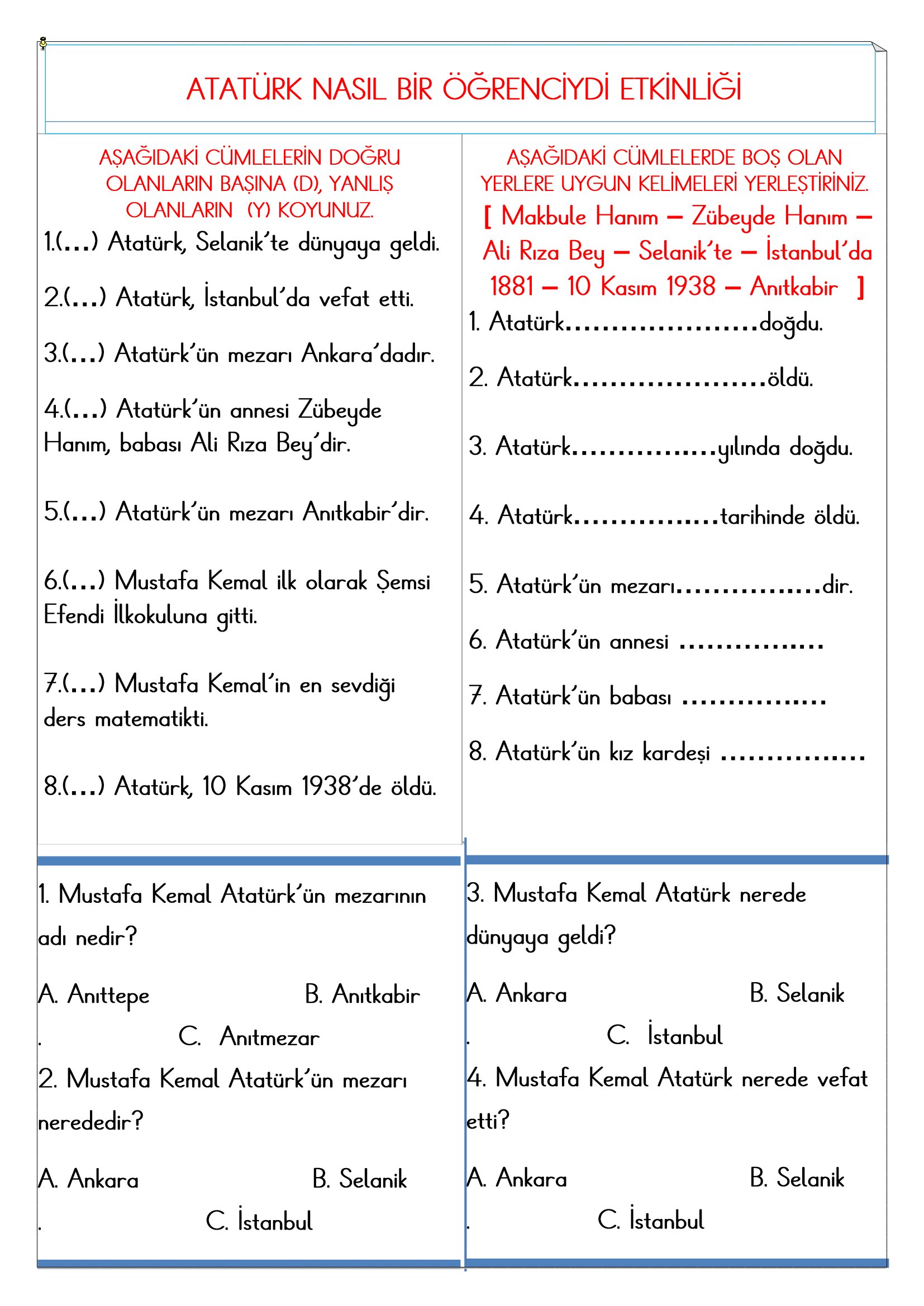 2.Sınıf - Hayat Bilgisi Atatürk Nasıl Bir Öğrenciydi  Etkinliği