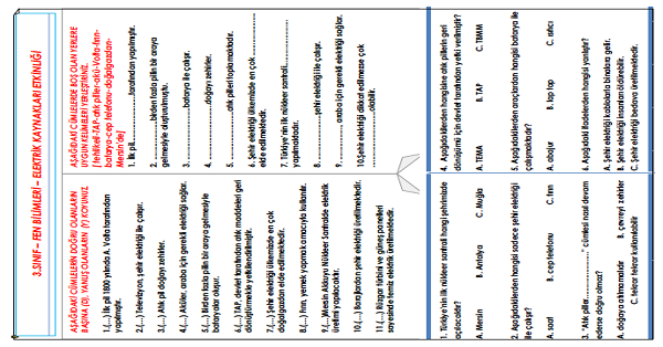 3.Sınıf - Fen Bilimleri Elektrik Kaynakları Etkinliği